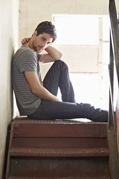 Taking Time Chill Young Man Sitting Contemplating His Future Stairwell — Stock Photo, Image