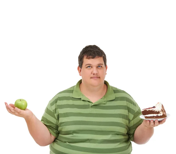 Trying Keep Balance Obese Young Man Holding Apple One Hand — Stock Photo, Image