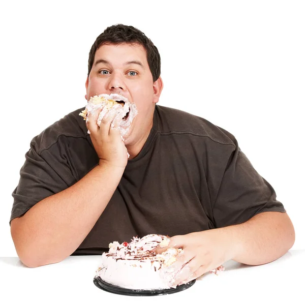 Eating Cake Record Time Obese Young Man Stuffing Cake His — Stock Photo, Image