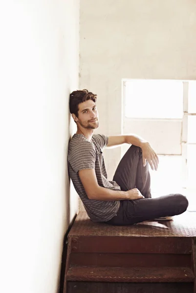 Just Chilled Sunday Young Guy Sitting Contemplating His Future Stairwell — Stock Photo, Image