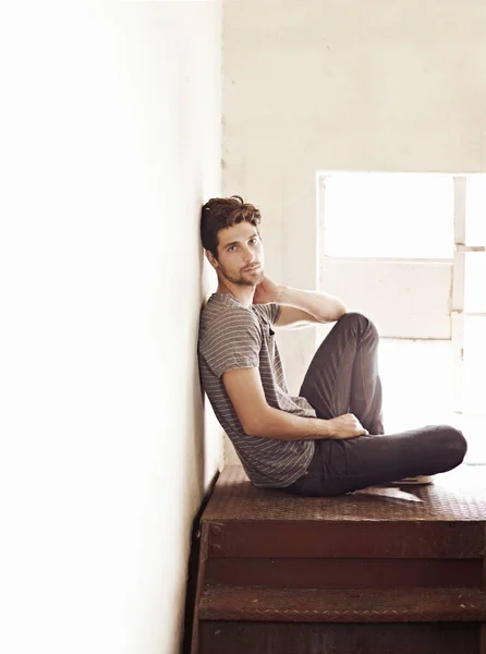 Casual Boyish Style Young Man Sitting Contemplating His Future Stairwell — Stock Photo, Image