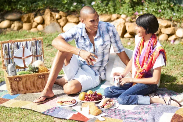Summer Best Time Picnics Happy Young Couple Picnic — Stock Photo, Image