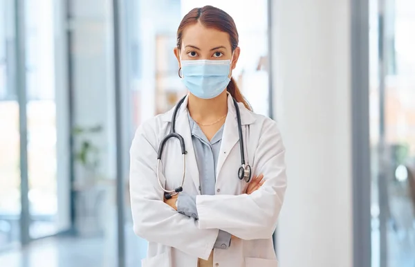 Leadership, doctor and covid face mask woman in medical corona virus healthcare, safety and protection trust hospital. Girl, vision and mission in covid 19 pandemic management innovation at clinic.