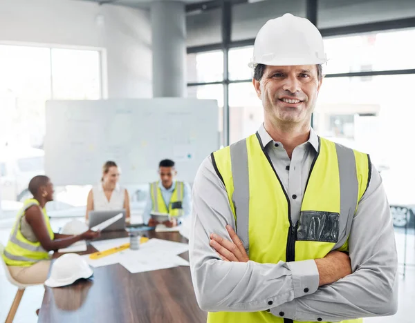 Construction worker, engineer man and architecture leader or boss with planning strategy for architecture building or construction vision. Industry development manager or contractor with leadership.