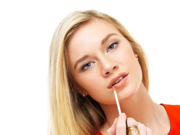 Final Touch Perfect Look Portrait Gorgeous Blonde Woman Applying Lipgloss — Stock Photo, Image