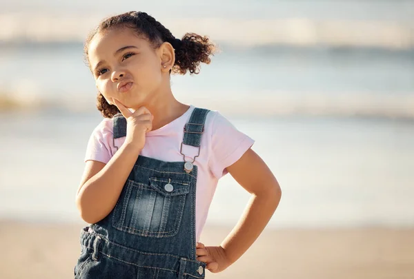 Thinking Child Planning Doubt Beach Front Vacation Mexico Young Girl — Stock Photo, Image