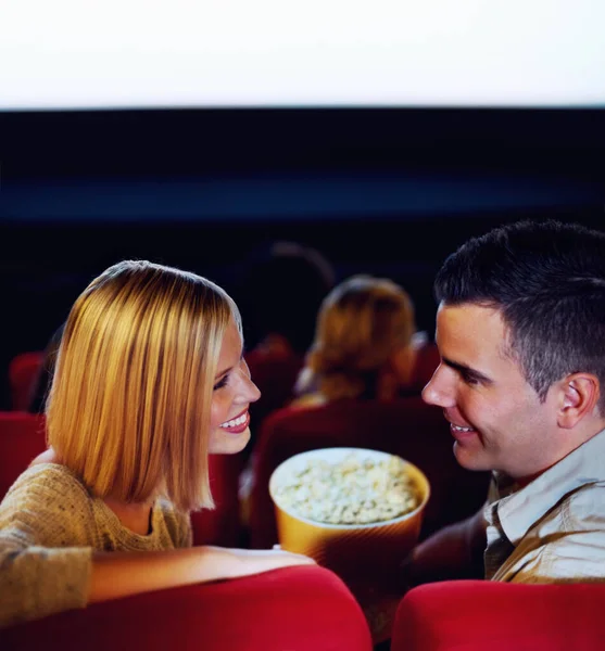 Treat Her Cute Young Couple Watching Movie Cinema Together — Stock Photo, Image