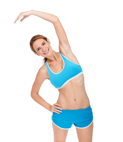 Riscaldamento Fitness Salute Una Giovane Donna Forma Stretching Mentre Isolata — Foto Stock
