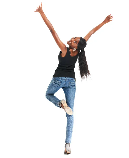 Наполненный Позитивной Энергией Чувством Себя Отлично Счастливая Молодая Женщина Позирующая — стоковое фото