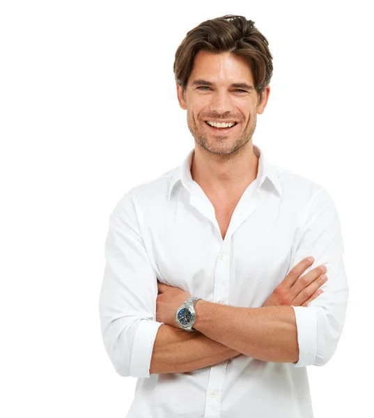 Mantendo Saúde Masculina Foco Estúdio Retrato Homem Bonito Isolado Branco — Fotografia de Stock