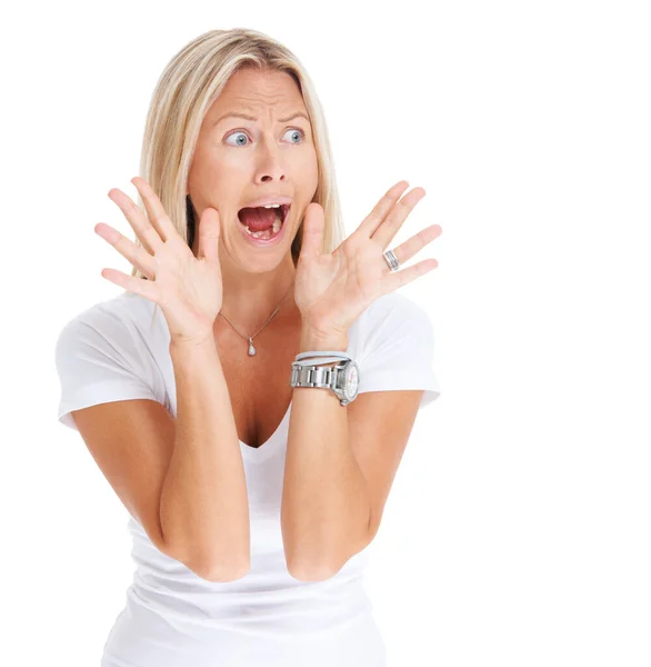 Its Coming Way Studio Shot Woman Looking Scared White Background — Stock Photo, Image