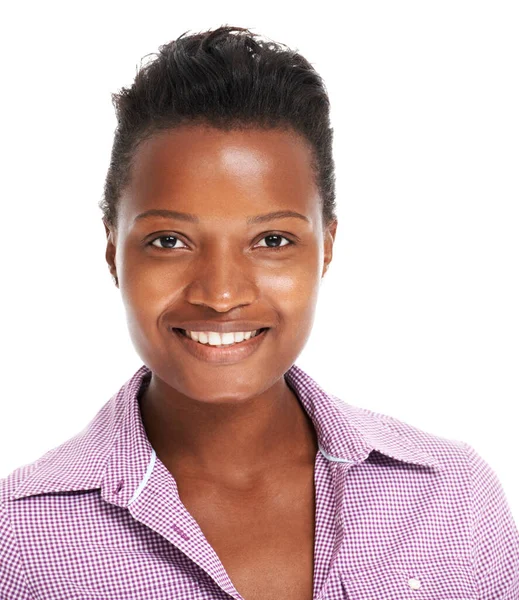 Färskt Självförtroende Närbild Vacker Ung Afrikansk Kvinna Ler Mot Kameran — Stockfoto