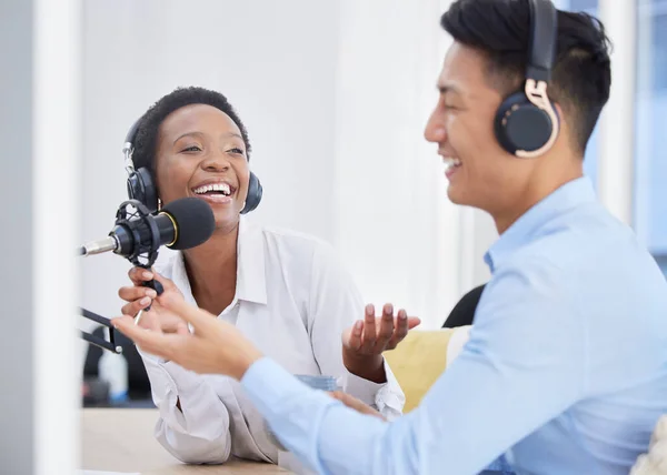 Happy podcast, web interview or digital radio woman presenter working with employee for media. Internet voice, speaker or influencer with microphone for business, online startup or corporate idea.
