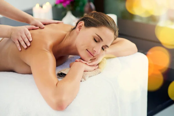 Healing Power Touch Therapy Beautiful Young Woman Lying Massage Table — Stock Photo, Image