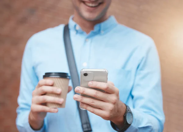 Hands, phone and city travel with coffee on morning work commute to company interview or on break. Zoom, smile and happy businessman with 5g social media or communication technology with takeaway tea.