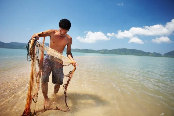 Skilled What Does Traditional Thai Fisherman Standing Water Holding Net — Stock Photo, Image