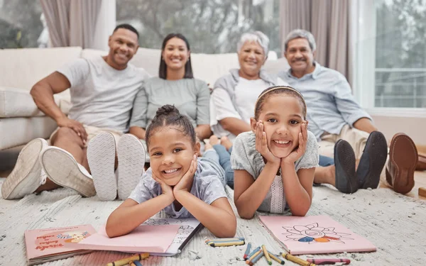 Two Cute Mixed Race Sibling Sisters Drawing Colouring Living Room — Fotografia de Stock