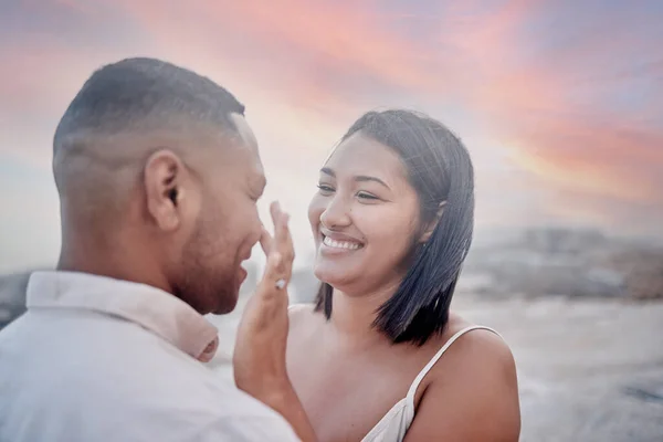 Closeup Young Affectionate Mixed Race Couple Standing Beach Smiling Sunset — Stockfoto