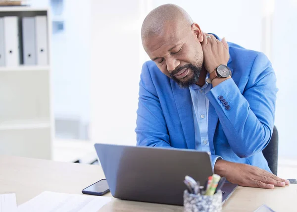 Burnout, stress or man with neck pain working on laptop with headache, depression or mental health in office. Frustrated, sad or tech employee or businessman with anxiety from audit, 404 or pc glitch.