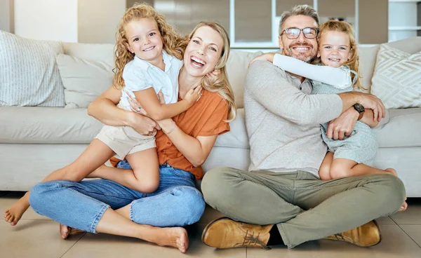 Happy Caucasian Family Four Relaxing Living Room Home Loving Smiling — Stock Photo, Image