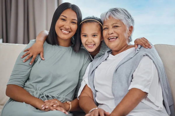 Happy Affectionate Young Mixed Race Family Three Sitting Sofa Living — Stock Photo, Image