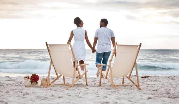 Rearview Cheerful African American Couple Spending Day Sea Together Happy — Stock Photo, Image