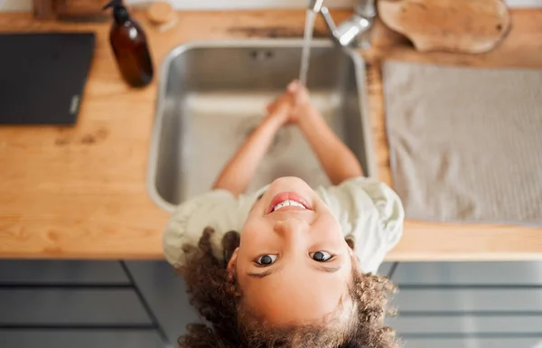 One Mixed Race Adorable Little Girl Washing Her Hands Kitchen — Stockfoto