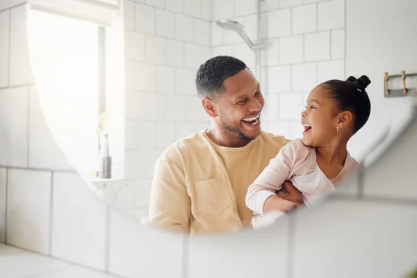 Happy Mixed Race Father Daughter Washing Hands Together Bathroom Home — Photo