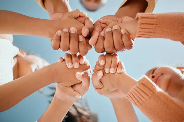 View Young Mixed Race Family Holding Hands Forming Circle While — Stock Photo, Image