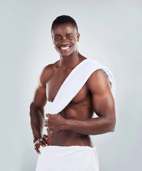 Portrait Smiling African American Fitness Model Posing Topless Towel Looking — 스톡 사진
