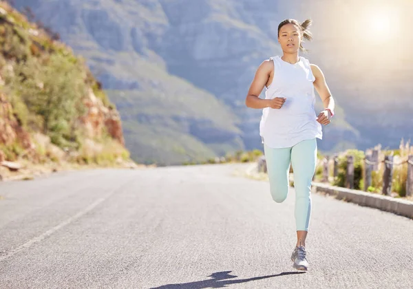 Young Mixed Race Hispanic Female Athlete Running Nature Road Exercise — Stock Photo, Image