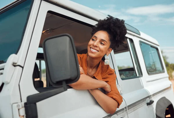 Road trip travel, black woman and window freedom to relax in camping car, summer countryside and vacation adventure in Africa. Happy young female stop on van driving journey in nature for inspiration.