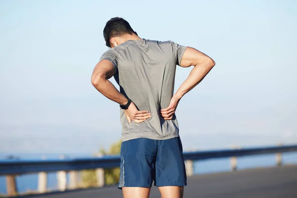 Fitness Tired Man Back Pain City While Training Cardio Marathon — Stock Photo, Image