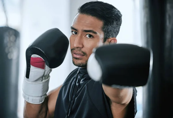 Portrait of serious trainer in boxer stance alone in gym. Asian coach with boxing gloves ready to fight and punch in self defence during health club workout. Kickboxing man training in fitness centre.