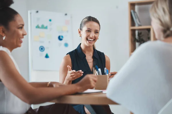 Business women, client and partnership meeting with a client about success, strategy and teamwork. Working, collaboration and happy corporate employees talking about planning a team deal together.