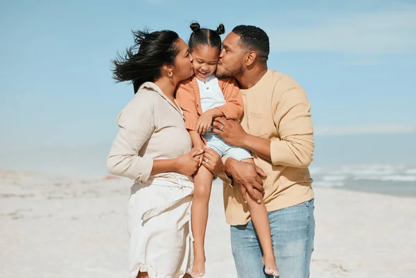 Happy Mixed Race Family Standing Beach Loving Parents Kissing Adorable — Zdjęcie stockowe