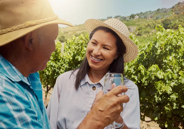 Senyum Pasangan Ras Campuran Bersulang Dengan Gelas Anggur Kebun Anggur — Stok Foto