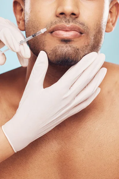 Closeup Mixed Race Man Receiving Botox Injection Blue Studio Background — Stock Photo, Image