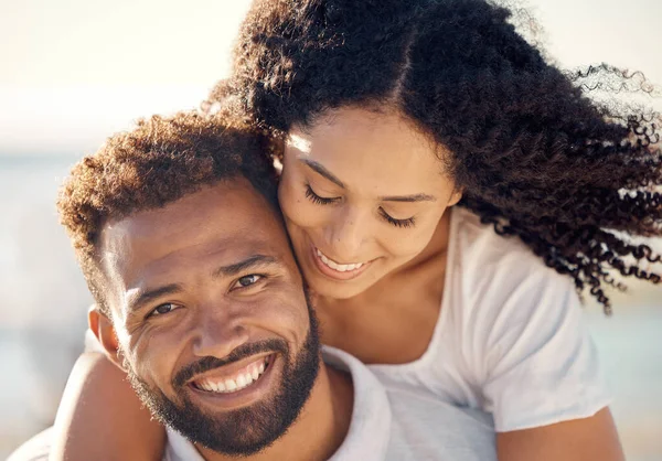 Closeup Portrait Young Affectionate Mixed Race Couple Standing Beach Smiling — Photo