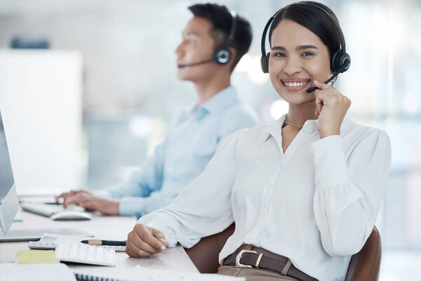 Business, call center consultant woman for online support, ecommerce help or IT innovation. Telemarketing agent, advisor or virtual customer service portrait with crm information technology solution.
