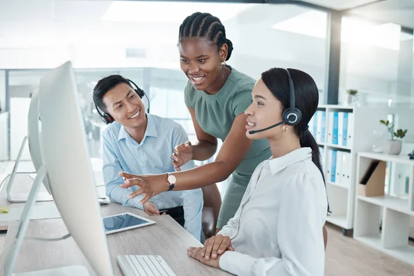 Call center, customer service worker and teamwork or training and coaching with manager on client call. Diversity, headset and computer to work, consulting and telemarketing, leadership and support.