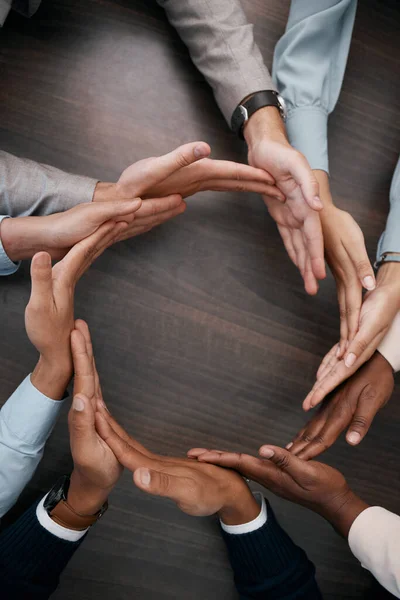 Hands Teamwork Synergy Business People Circle Huddle Team Wooden Table — Stock Photo, Image