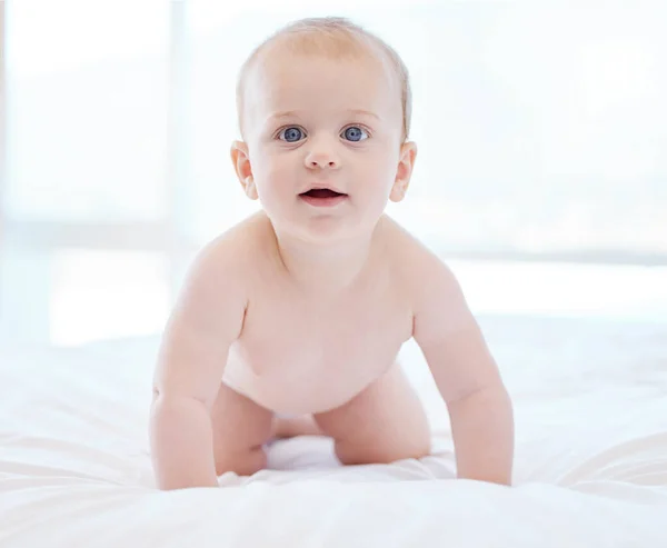 Mom What You Eating Adorable Little Baby Boy Lying Bed — Stock Photo, Image