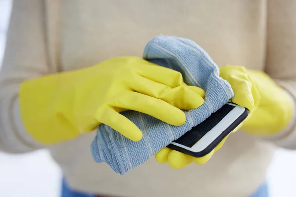 Hands Gloves Cleaning Phone Screen Germs Bacteria Alcohol Wipe Dust — Stock Photo, Image