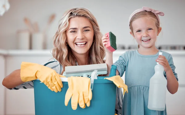 Cute Cheerful Little Girl Helping Her Mother Clean Home Happy — Stock Photo, Image