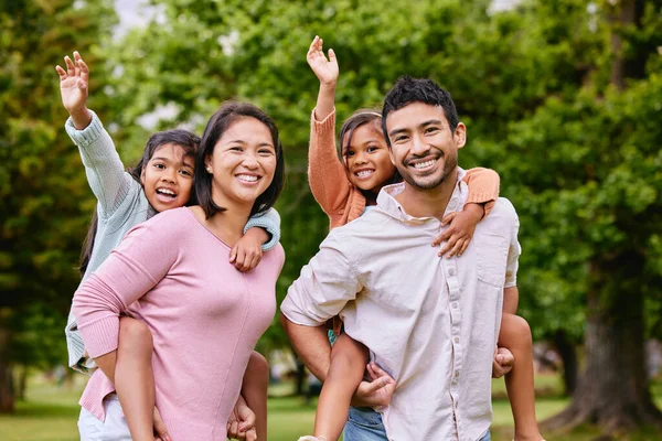 Mixed Race Family Park Happy Young Mother Father Piggybacking Son — ストック写真