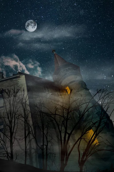 Fantasy Architecture Castle Moon Night Sky Creative Medieval Building Design — Stock Photo, Image