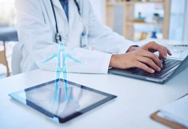 Doctor typing, laptop and tablet hologram, futuristic body graphic or ai. Health, healthcare and man with future cyber tech, pc or computer working on research on digital, 3d or holographic gadget