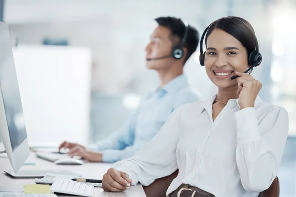 Telemarketing Vendas Mulher Consultor Atendimento Cliente Falando Fone Ouvido Trabalho — Fotografia de Stock