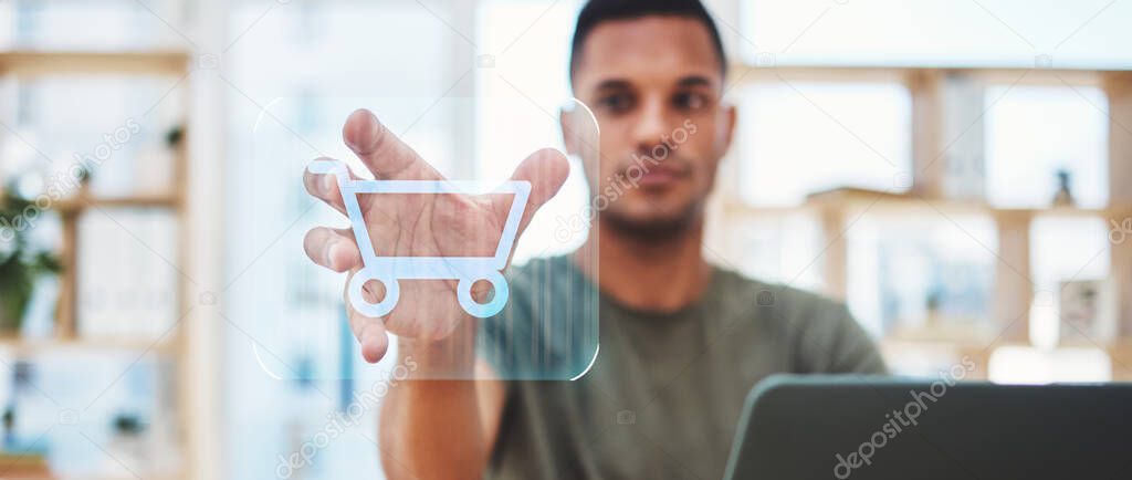 Man online shopping cart, hologram and ecommerce tech connection, grocery network and fintech digital marketing. Hands, webshop interface and user connection to internet store, future system and icon.